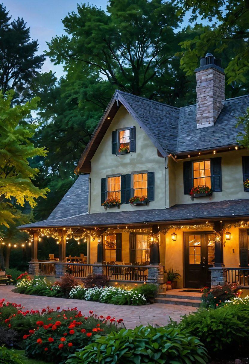 A cozy inn nestled among lush green trees with twinkling lights adorning the exterior, inviting guests inside. A warm fireplace glows from within, surrounded by comfortable seating areas, with cheerful guests enjoying themselves. Sunlight filters through the leaves, creating a peaceful atmosphere. Include a beautiful garden in the foreground with colorful flowers. painting. vibrant colors. serene ambiance.