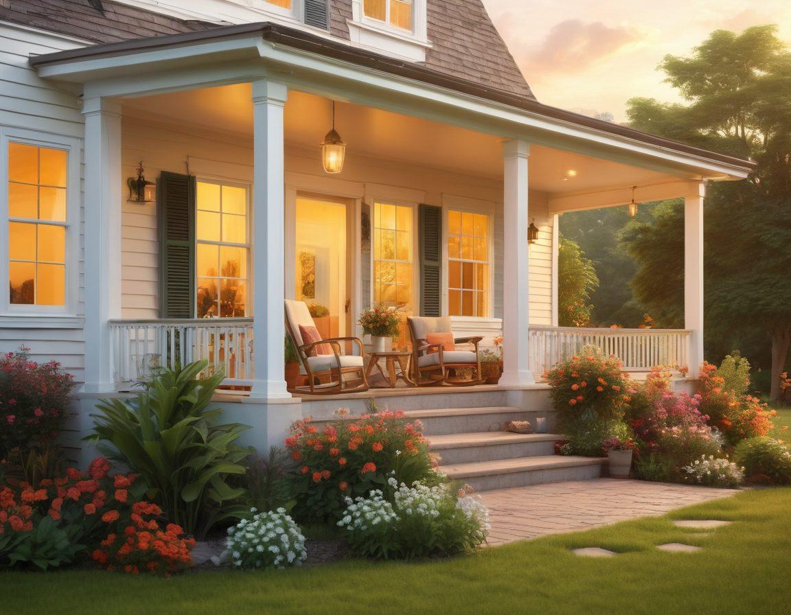 A cozy guesthouse surrounded by lush greenery, with warm inviting lights emanating from the windows, hinting at comfort inside. A welcoming front porch with a couple of rocking chairs, and a nearby blooming flower garden. A serene sunset in the background, casting a golden glow over the scene, and guests happily interacting outside. soft focus. vibrant colors. 3D.