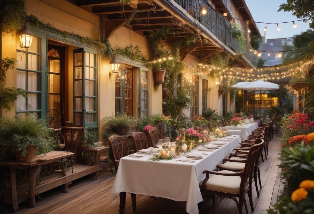 A charming heritage hotel surrounded by lush gardens, showcasing intricate architectural details like ornate balconies and vintage windows. Happy guests of diverse backgrounds enjoying a communal dinner on a beautifully set terrace under twinkling string lights. The scene is filled with warm sunlight, vibrant flowers, and rustic wooden furnishings, creating a welcoming atmosphere. super-realistic. vibrant colors. warm tones.